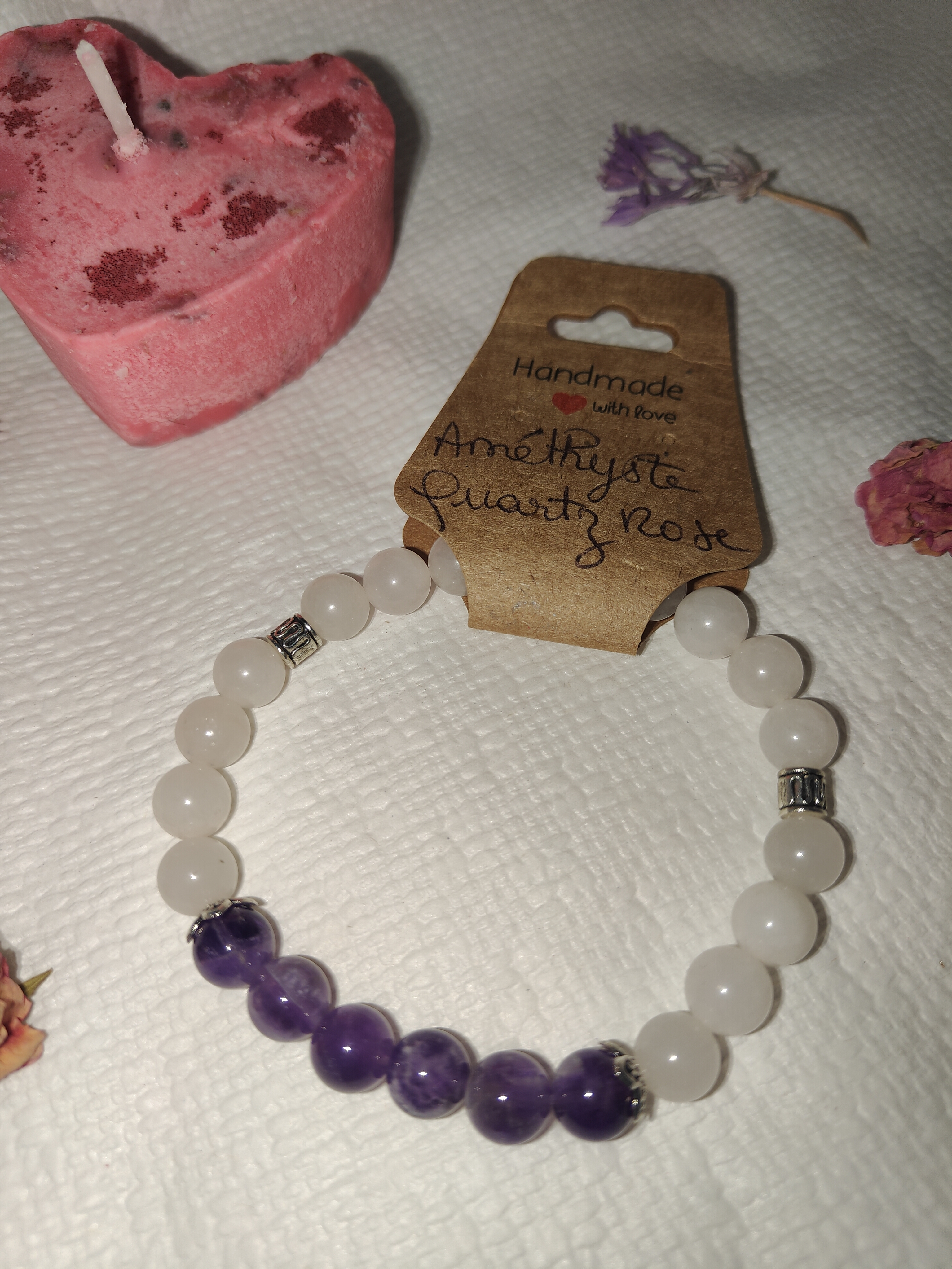 Bracelet quartz rose, améthyste - détail